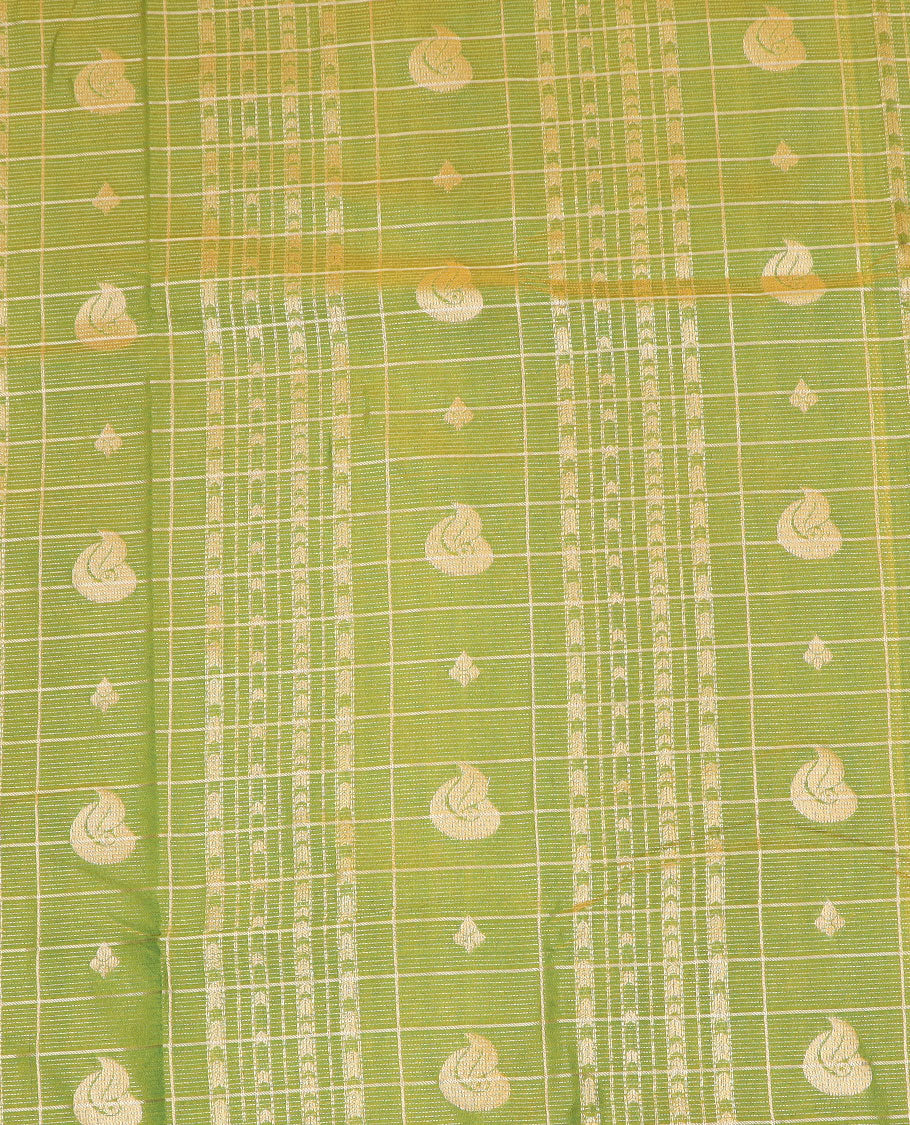 Leaf green art silk material pavadai set, zari design weave pavadai, contrast blouse & rettai pettu traditional zari border