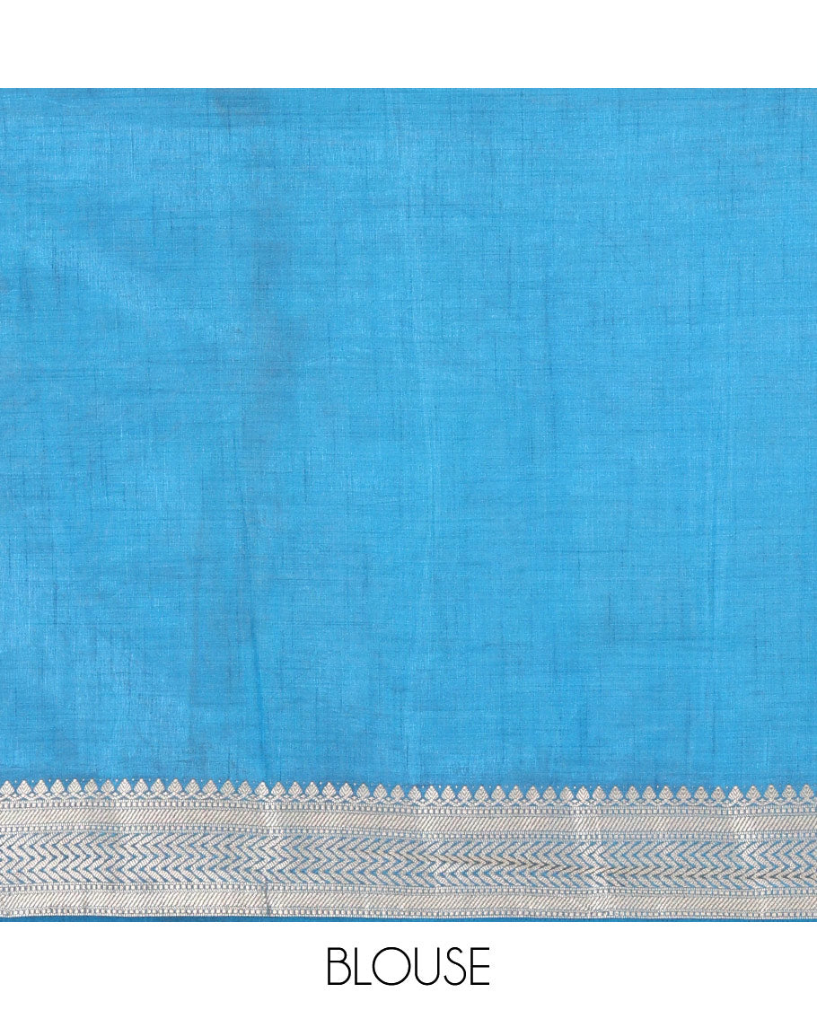 Blue Semi-Tussar Saree Accentuated with Zig-Zag Strips Prints, Featuring a Self-border with Traditional Motifs, a Zari-Striped Pallu, Paired with a Matching Blouse