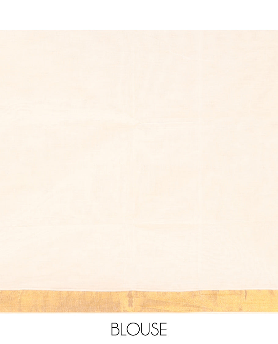 Cream Kerala Saree, Embellished with Zari Buttas on its Body, Subtly Sparkled Bavanji Border, Gleaming Zari Woven Pallu of Floral Designs, and Paired with a Matching Blouse