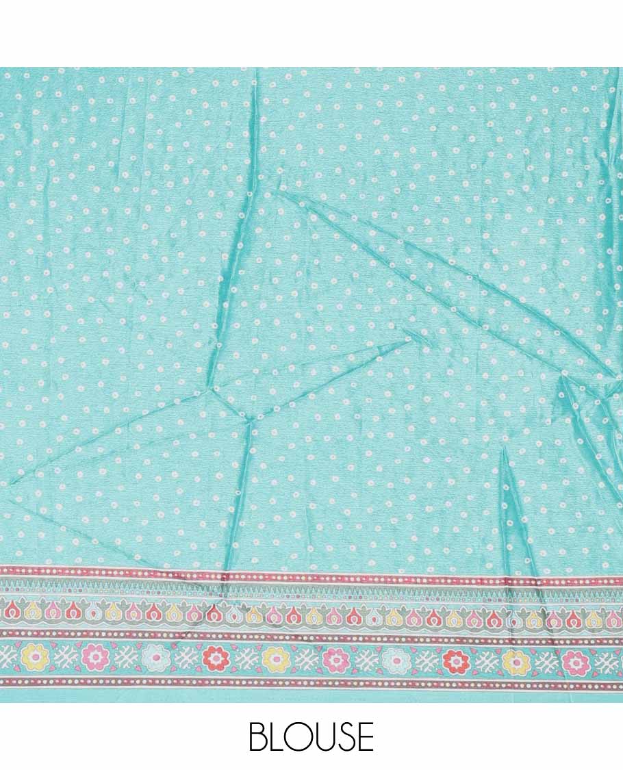 Rama green bandhani printed , mirror work synon silk saree with printed border, mirror work & printed pallu along with bandhani printed blouse