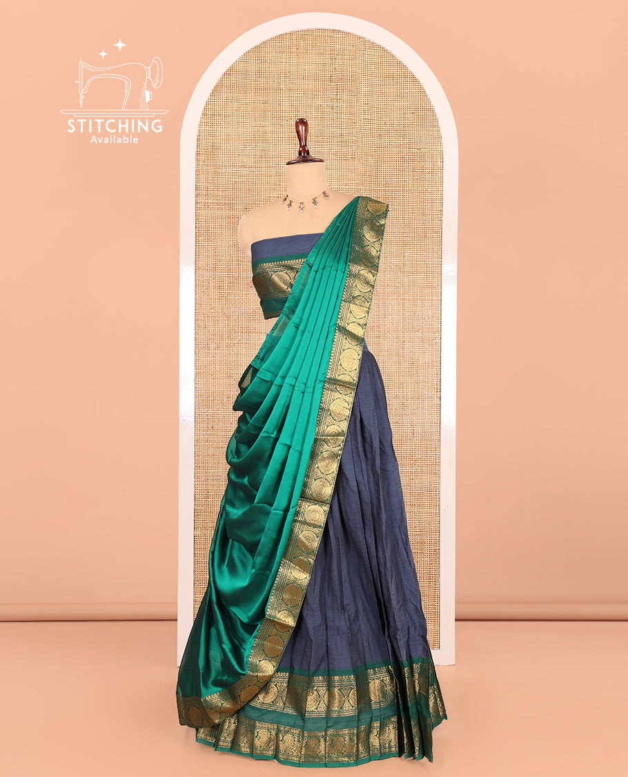 Steel Blue-Green Chettinad Cotton Half-Saree, Plain Contrast Annam-Chakram Zari Bordered Skirt, Matching Blouse, and a Contrast Dhavani
