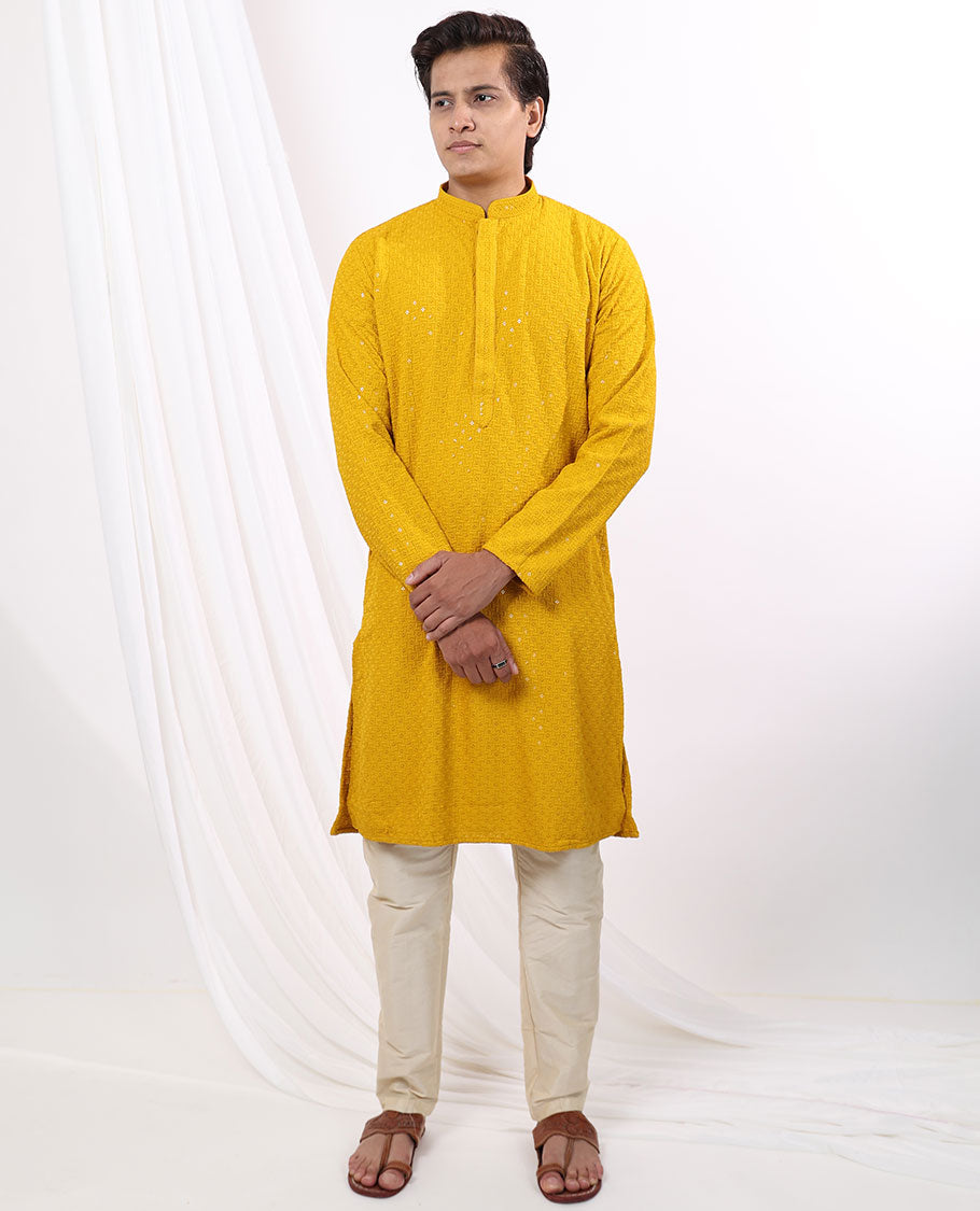 Mustard geometric embroidery with sequins work mandarin collar & full-sleeve long raw silk kurta