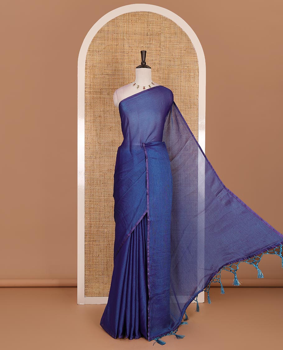 Borderless navy blue plain design viscose saree, flower motifs printed matching blouse