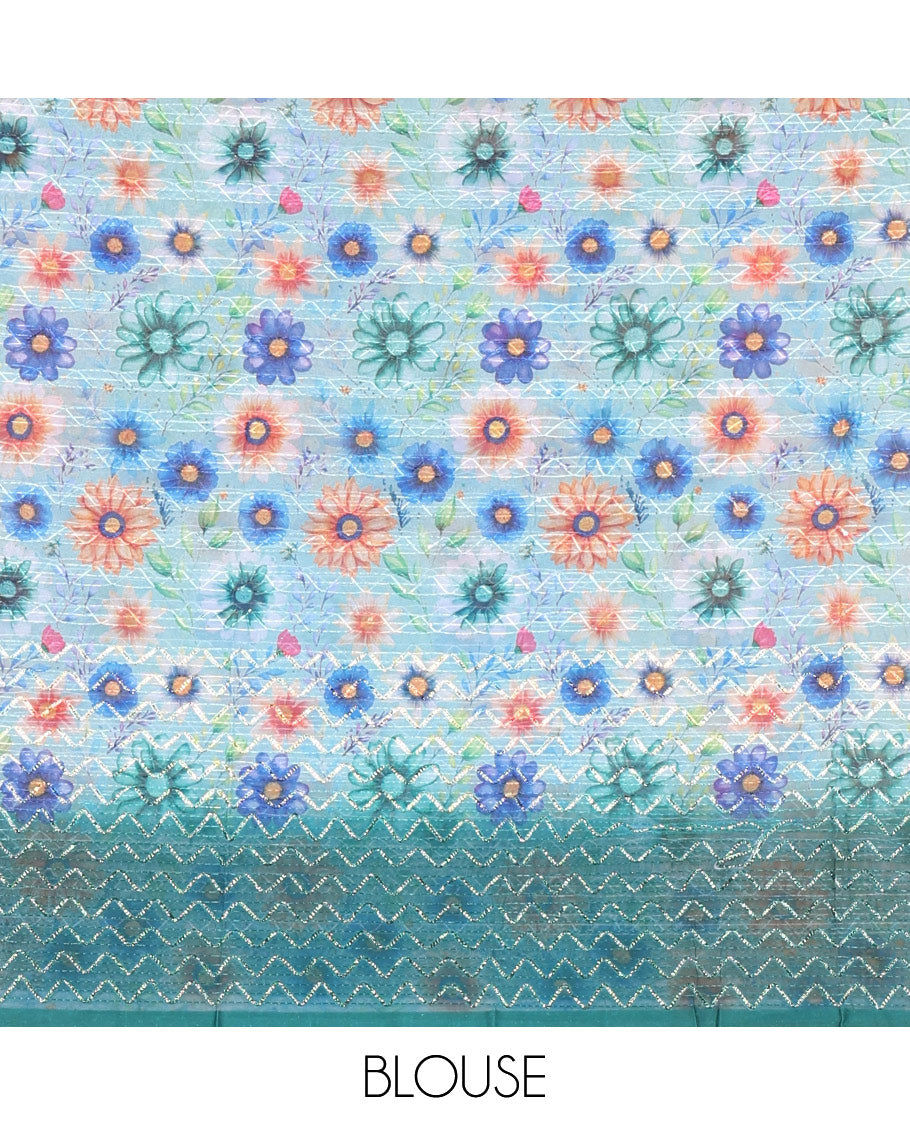 Borderless violet sparkling glitter russel net saree with self-pallu, and a contrast floral printed and zig-zag patterned blouse