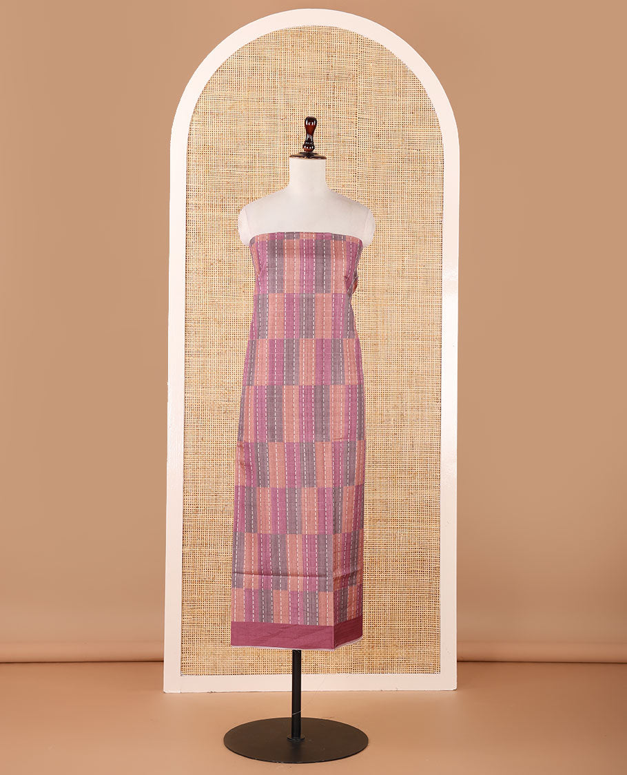 Onion pink semi-tussar material chudidar set,geometric & kantha print top,heathered plain bottom & dupatta of geometric & floral print