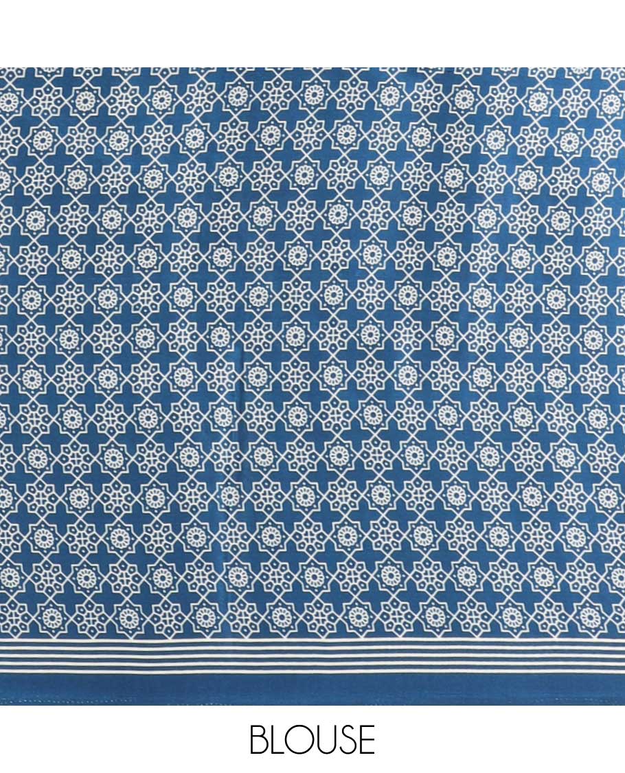 Cream with blue vertical lining design modal satin saree with remple printed border & big circle design pallu along with printed blouse