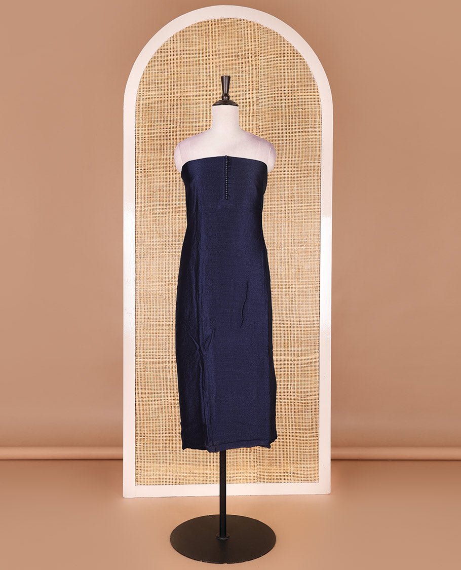 Navy blue material chudidar set, plain with fancy thermacol balls neck work Vichitra top, cotton bottom, and floral with bandhani printed dupatta