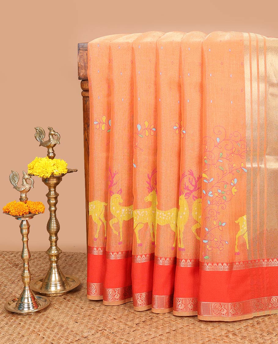 Honey color screen printed chanderi cotton saree with double pad annam border & tissue pallu along with brocade blouse