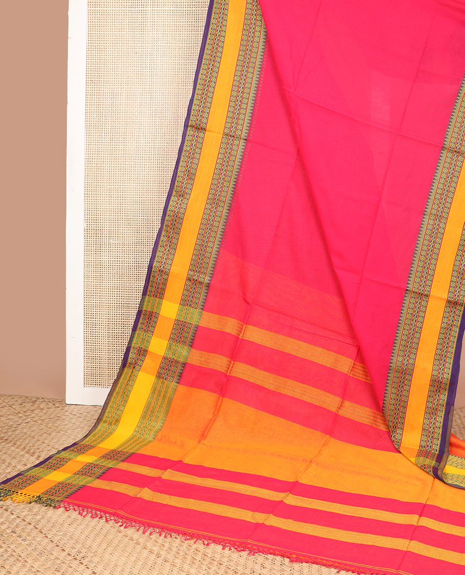 Pink narayanapet cotton saree with contrast traditional design border & striped pallu