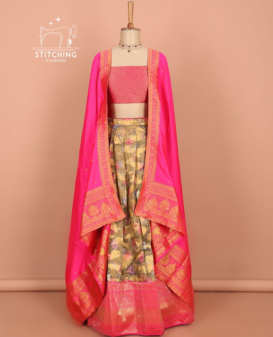 Green floral printed art silk half saree, contrast traditional design border, jacquard blouse & intricate dhavani