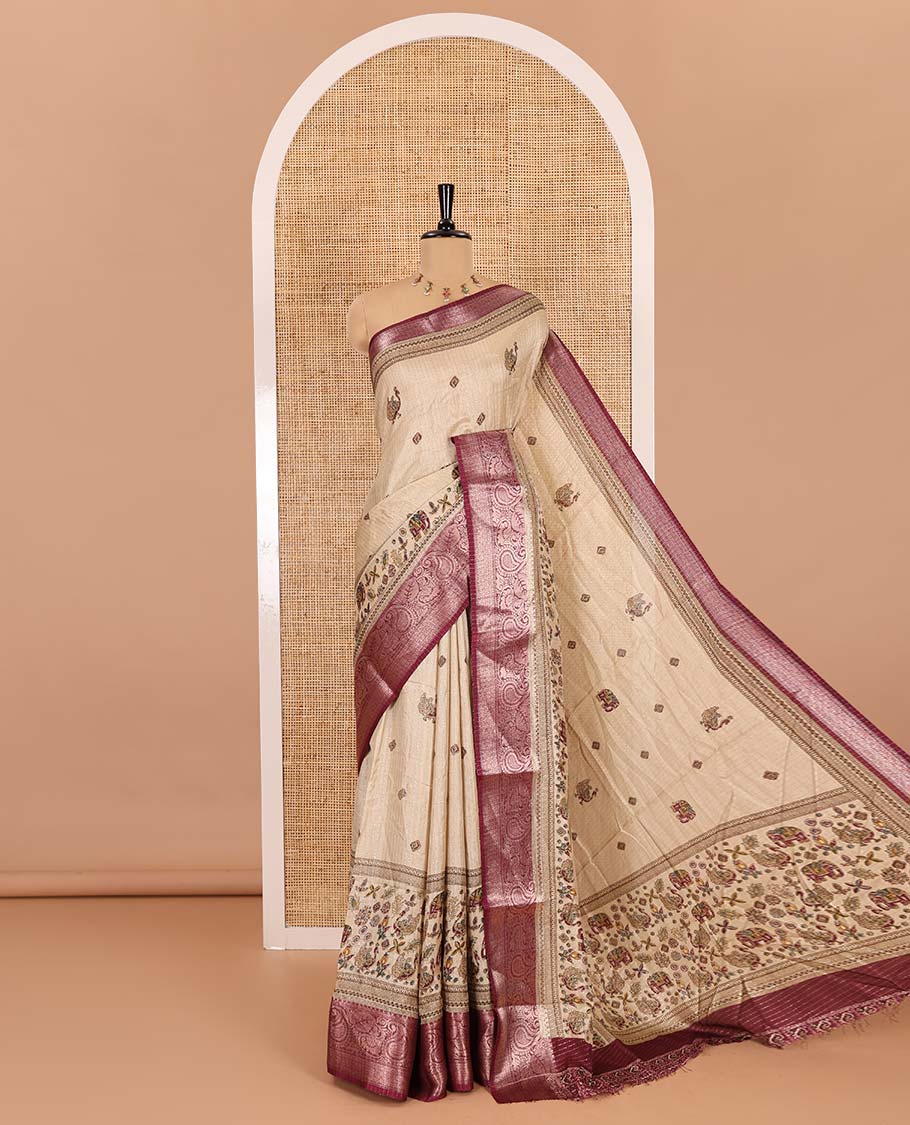 Chikku-purple vertical striped, and animal motifs printed dola silk saree, contrast manga motifs zari woven border, animal motifs printed pallu, and a contrast printed blouse