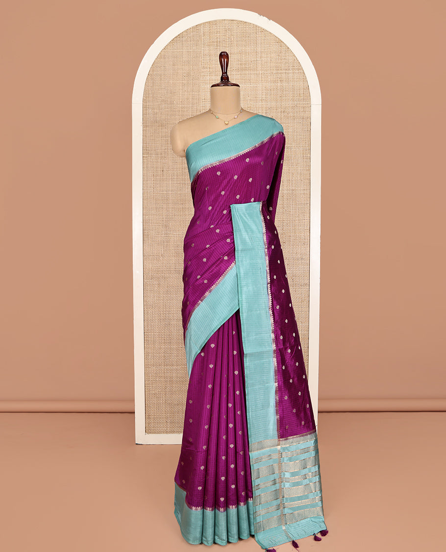 Purple Semi-Banaras Dupion Saree, Gleamed Up with Checks and Buttas, Complemented by Contrast Border, Zari Striped Pallu, and a Contrast Blouse