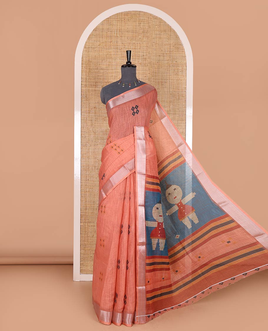 Orange diamond buttas printed linen cotton saree, bavanji border, doll printed pallu, and a matching blouse
