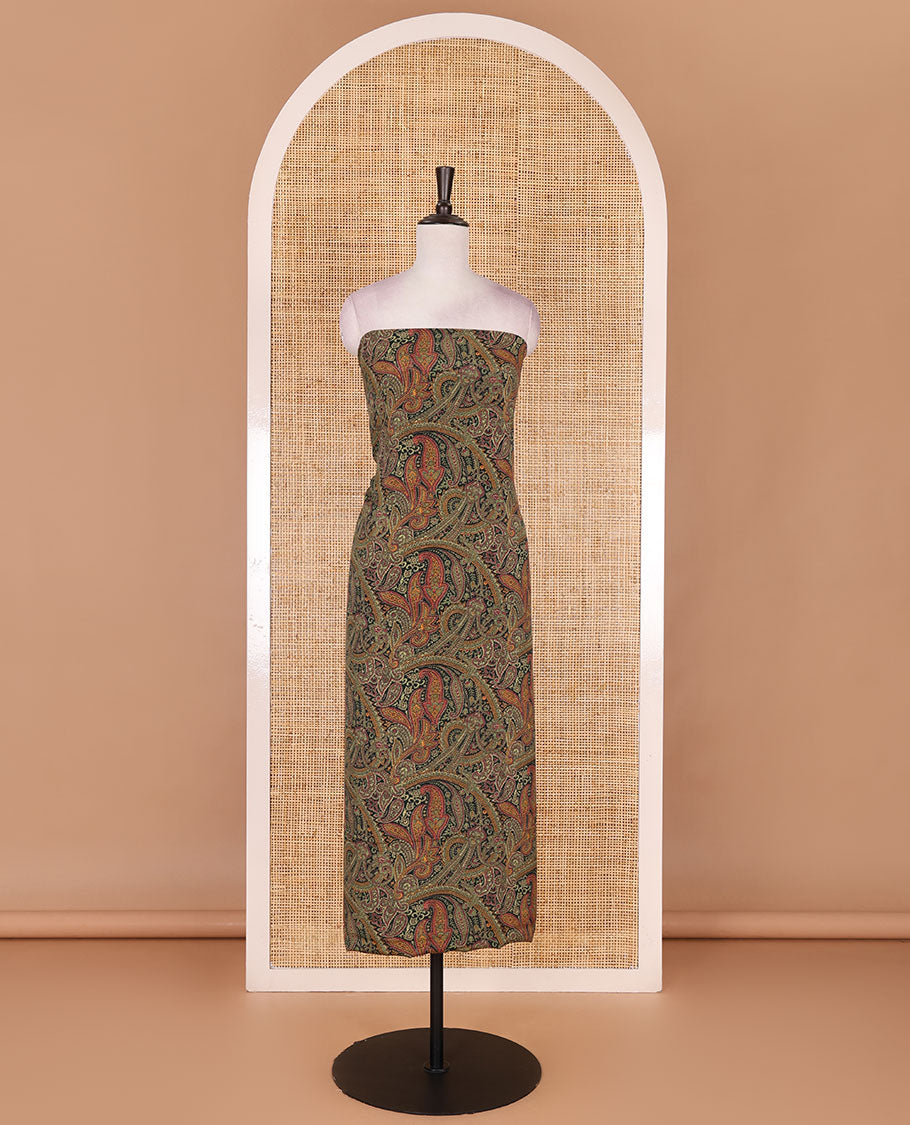 Mehendi green Italian crepe material chudidar set, paisley printed top, plain bottom, and floral-paisley printed georgrette dupatta