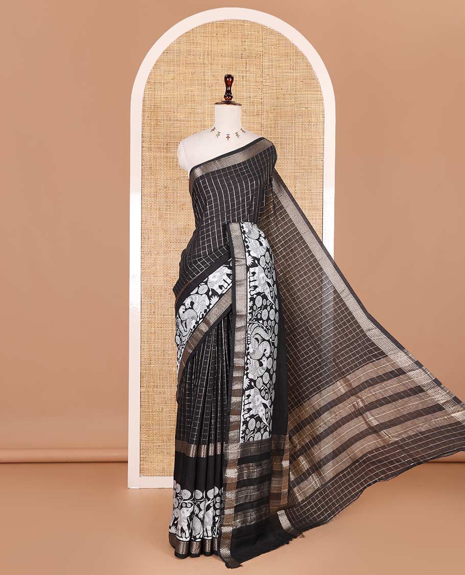 Balck zari checked with kalamkari flora-fauna motifs printed Assam cotton saree, traditional zari border, zari striped pallu, and matching blouse