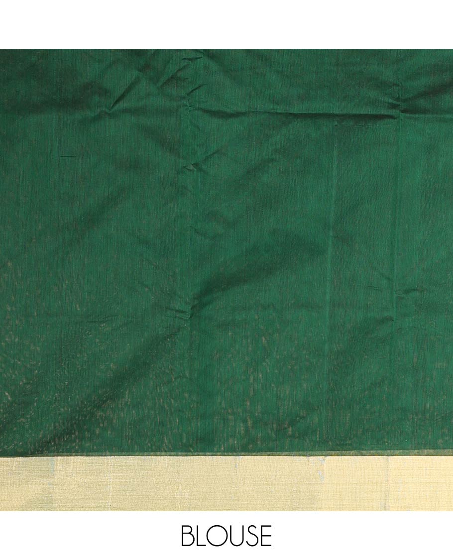 Dark green motifs chanderi cotton saree with contrast border & leaf motifs, striped pallu