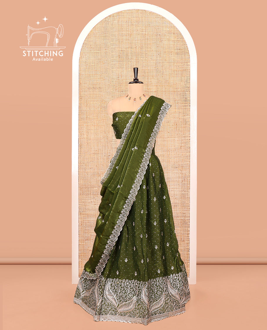 Green Organza Half-Saree, with Embroidered Buttas on Its Skirt, Embroidered Scallop Border, Paired with a Matching Blouse, and an Embroidered Fendi Organza Scallop Dhavani