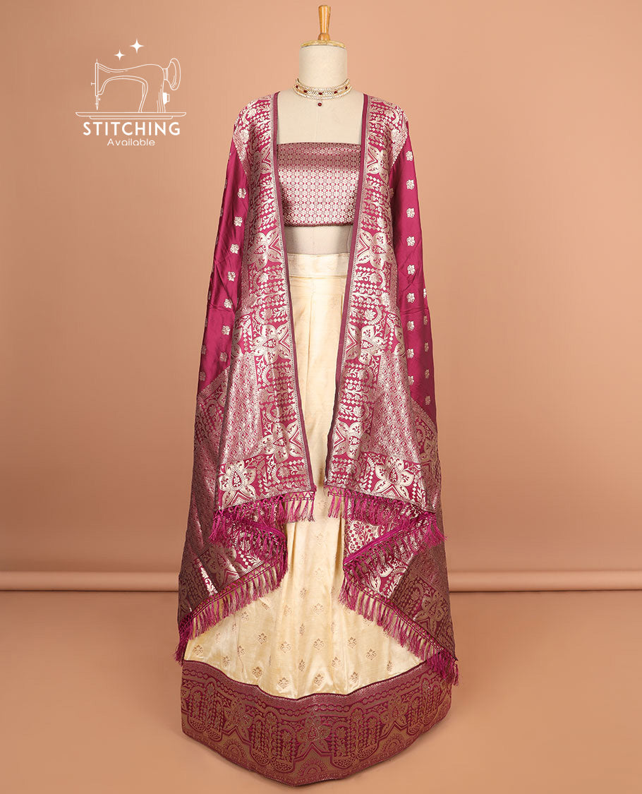 Cream buttas half saree with contrast zari design border, zari design blouse & red floral vine zari design dhavani