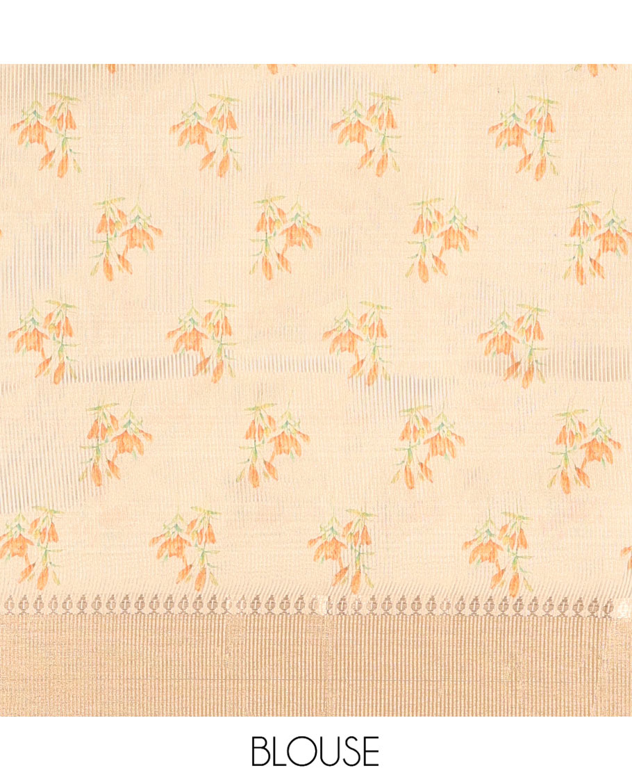 Gold Tissue Saree, Adorned by Tulip-Style Floral Printed All Over Its Body, Gleamed Up with a Zari Printed Border, Pallu with a Realistic Floral Print, and Paired with a Matching Printed Blouse
