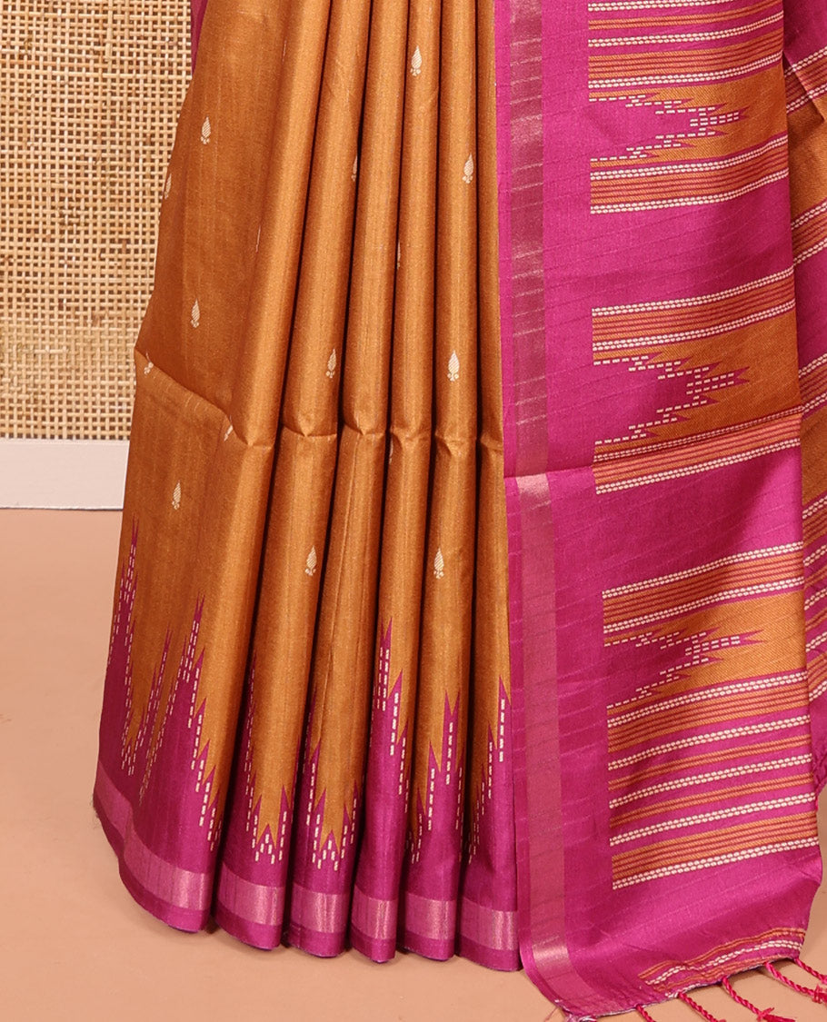Mustard Kathan Silk Saree Adorned with Buttas, Contrast Temple Border, Temple pallu, and Striped Blouse