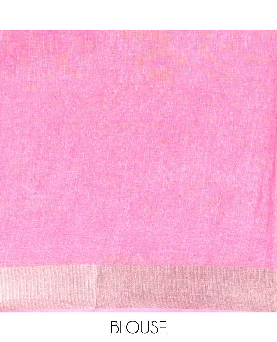 Pink heart motifs linen saree with self zari border & striped zari pallu