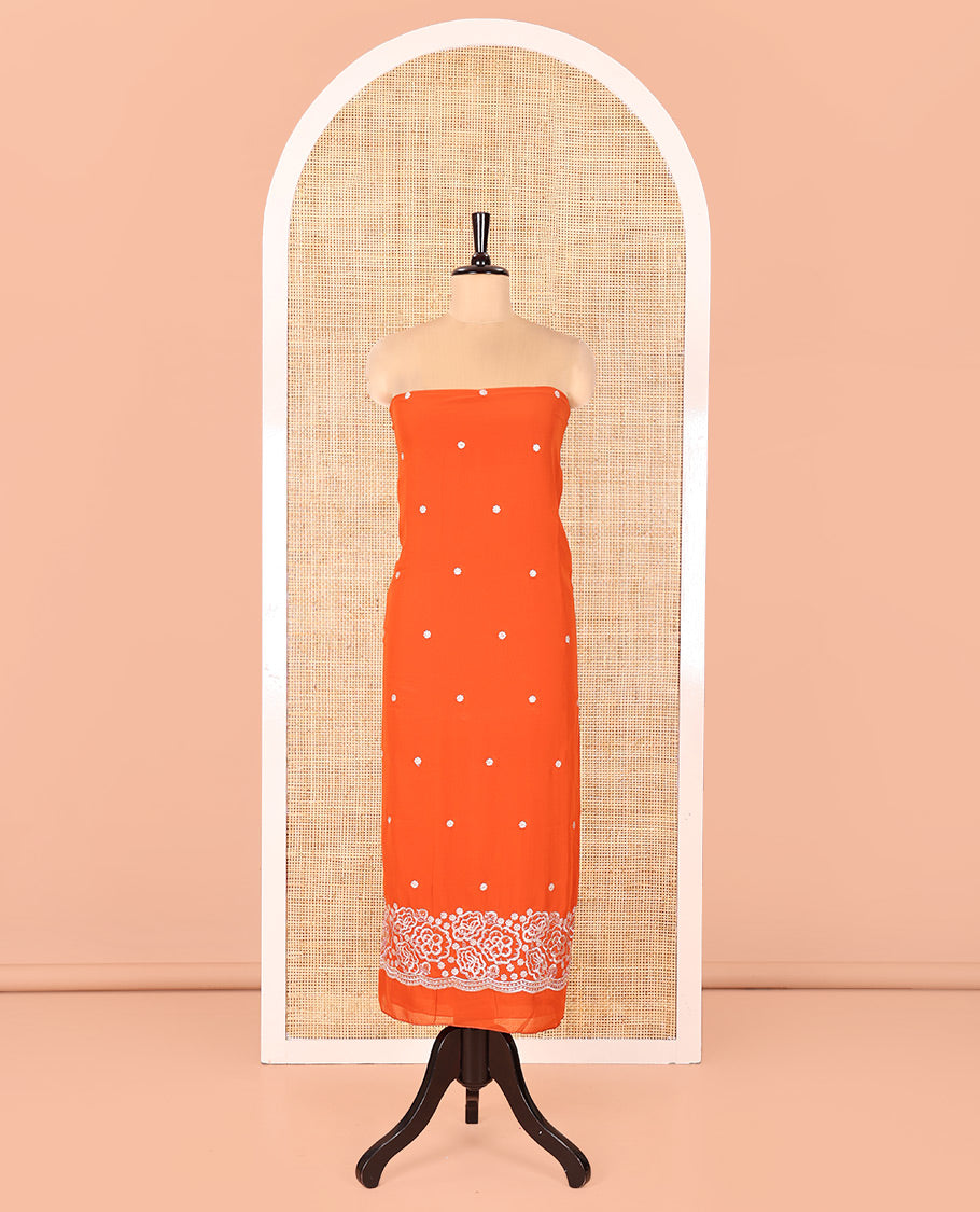 Rust Fox Georgette Material Chudidar Set, Woven with Floral Embroidery on Its Top, a Plain Santoon Bottom, and Paired with a Rose Floral Embroidered Scallop Dupatta