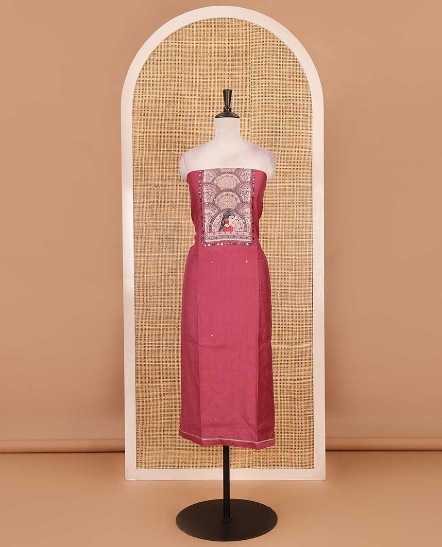 Onion pink material chudidar set, Madhubani theme printed with French Knot embroidered and mirror work Vertican silk top, contrast rayon bottom, and Madhubani printed dupatta