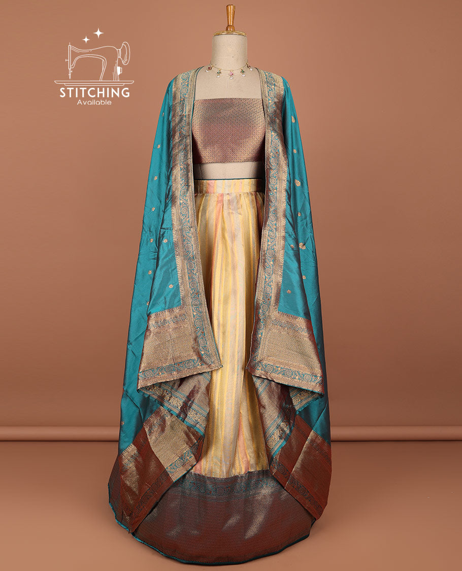 multi-color half saree with contrast zari design border, zari design blouse & floral zari design dhavani