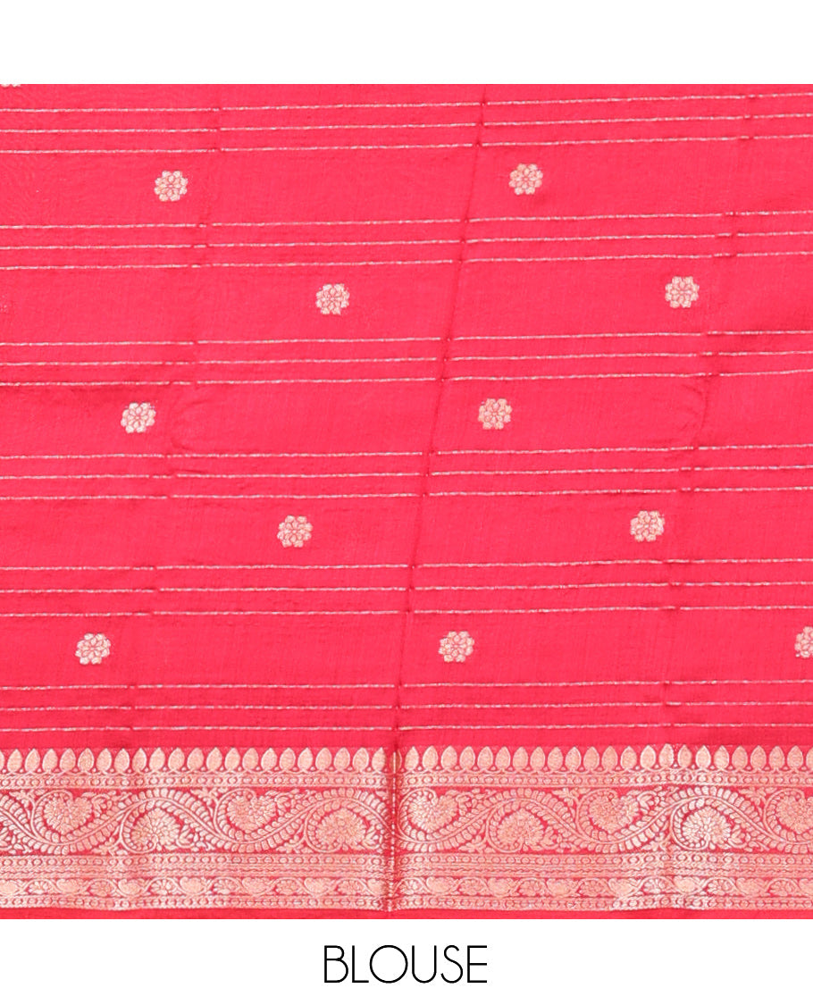 Red Assam Silk Saree, Embellished with Zari Buttas and Stripes, Highlighted by a Floral Creeper Zari Border, Zari-Striped Pallu, and a Matching Blouse