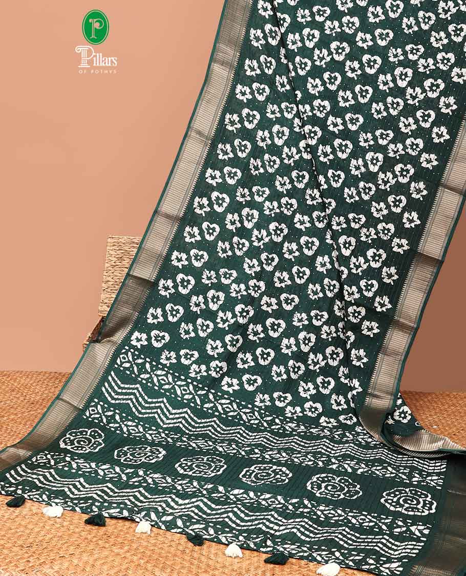 Green pathik print , sequins design dola silk saree with copper thread border & small pathik printed blouse