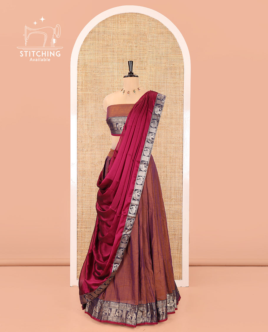 Dark Onion Pink-Rani Pink Mercerised Cotton Half-Saree Features Plain with Contrast Traditional Zari Bordered Skirt, Paired with a Matching Blouse, and Comes with a Contrast Bordered Dhavani