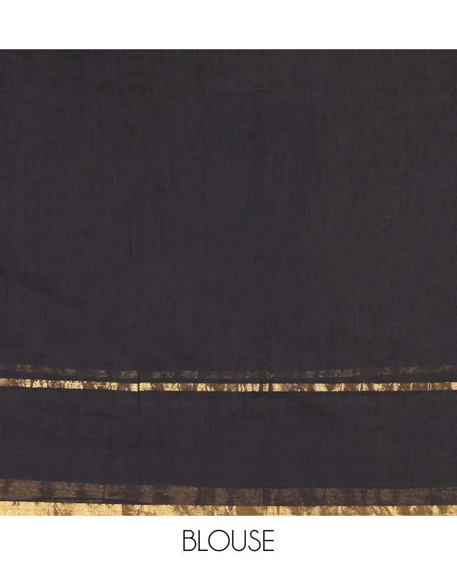 Black Plain Khadi Mul Cotton Saree, Subtly Sparkled with Zari Border, Self-Pallu, and Paired with a Matching Blouse