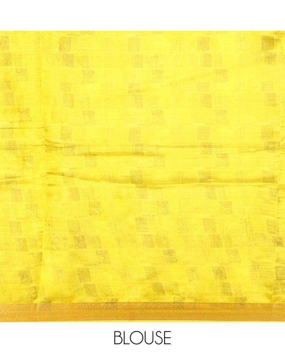 Yellow-base unique motifs enclosed colorful checks printed banana pith saree, zari striped pallu, and a matching blouse