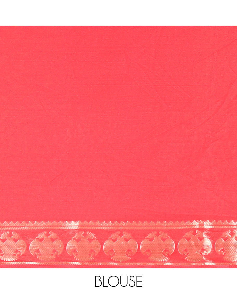 Off-white Plain Semi-Mysore Silk Saree, Complemented by a Contrast Border of Ganda Berunda Designs, Zari Striped Pallu, and Paired with a Contrast Blouse