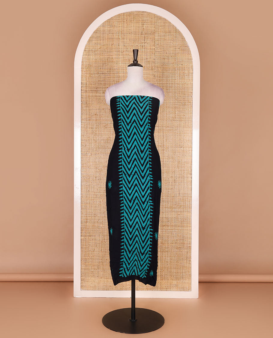 Navy blue-rama green material chudidar set, chevron stripes hand block printed viscose georgette top, contrast santoon bottom, and viscose georgette hand block printed dupatta