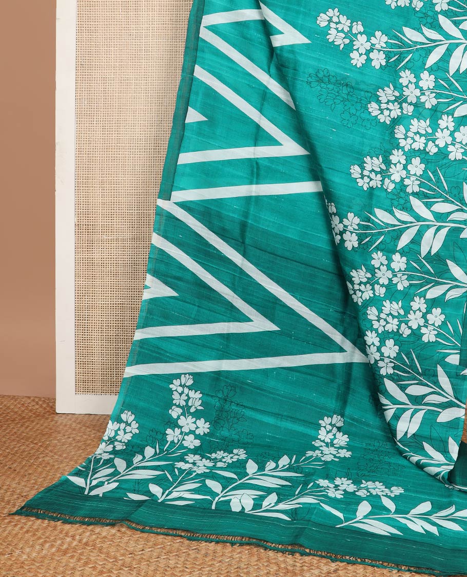 Green floral, geometric design printed silk saree with contrast border