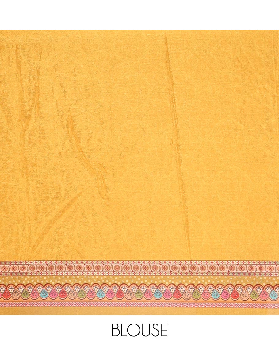 Yellow half-&-half colorful geometric printed & mirror embroidered masakali saree, printed border & pallu, plain blouse