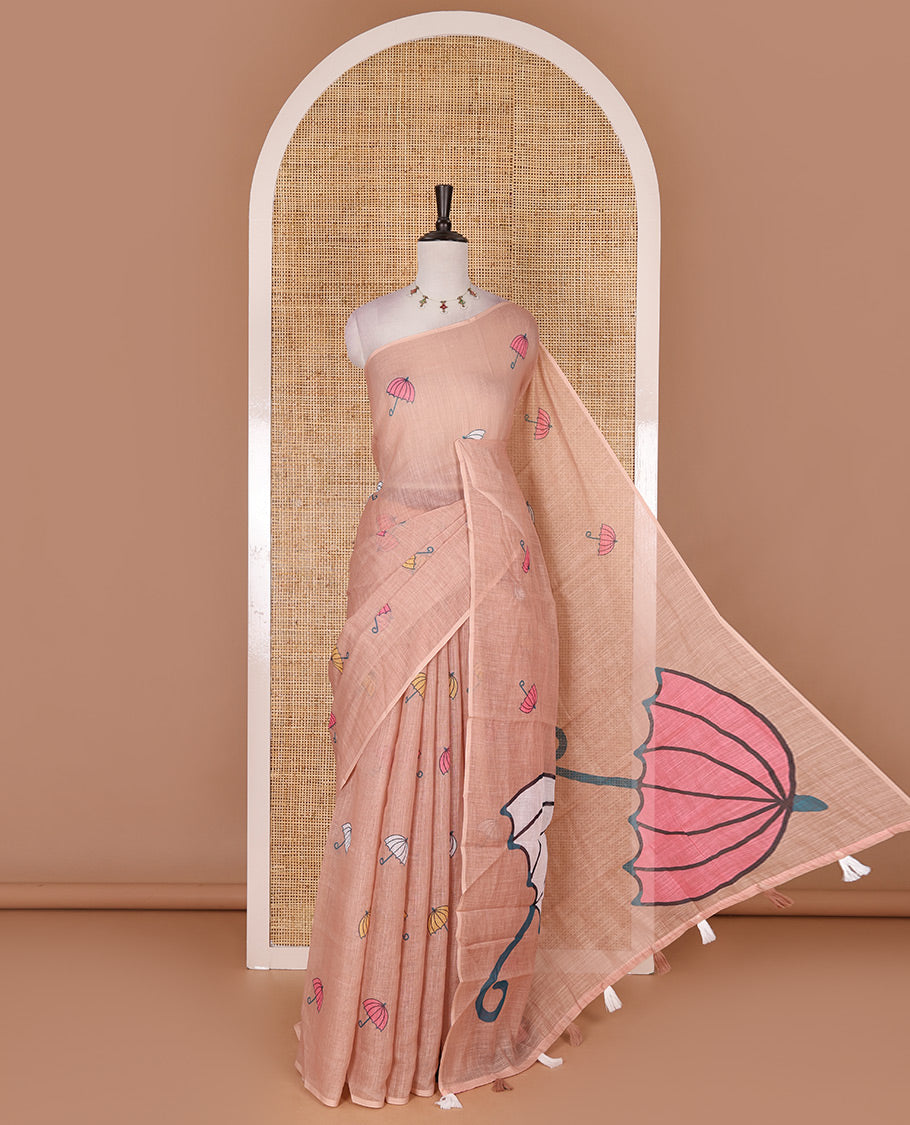 Borderless peach umbrella motifs printed linen cotton saree, self-pallu of big umbrella motifs and contrast blouse