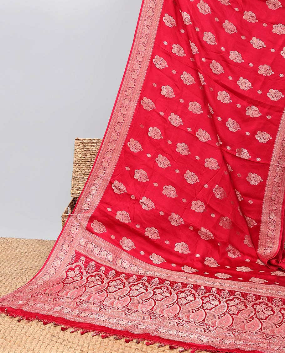 Red motifs satin silk saree with self zari design border & floral zari design pallu