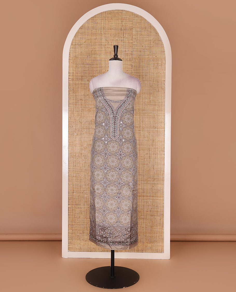 Fawn material chudidar set, intricately printed with original mirror work crepe top, Italian crepe bottom, and chinon digital print, mirror work dupatta