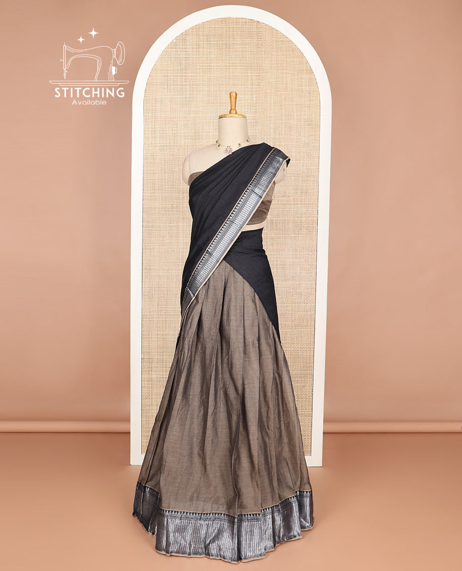 pale brown cotton half saree with contrast zari design border, zari design blouse & plain, zari design border dhavani