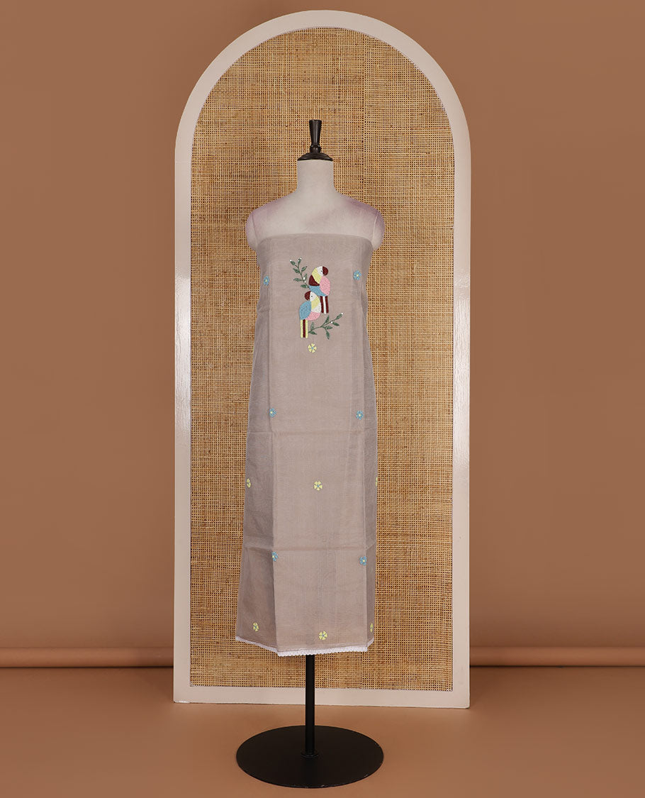 Light grey net kota material chudidar set, macaw parrot, and flower motifs, multi-color sugar bead embroidered top, plain santoon bottom, and sugar bead embroidered dupatta