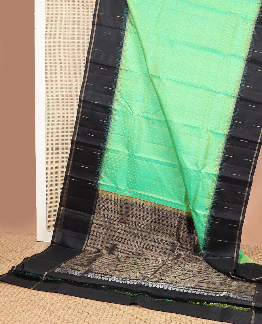 light green striped mayuri soft silk saree with contrast zari design border & geometric design pallu