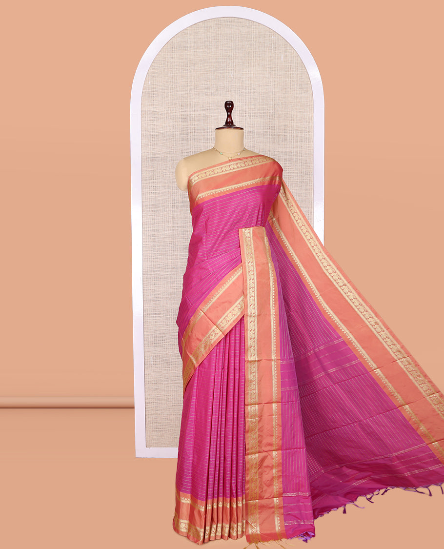 Pink Zari Striped Arani Saree, Mesmerized with Zari Stripes, a Contrast Rettai Pettu Traditional Border, Pallu of Zari Stripes, and a Matching Blouse