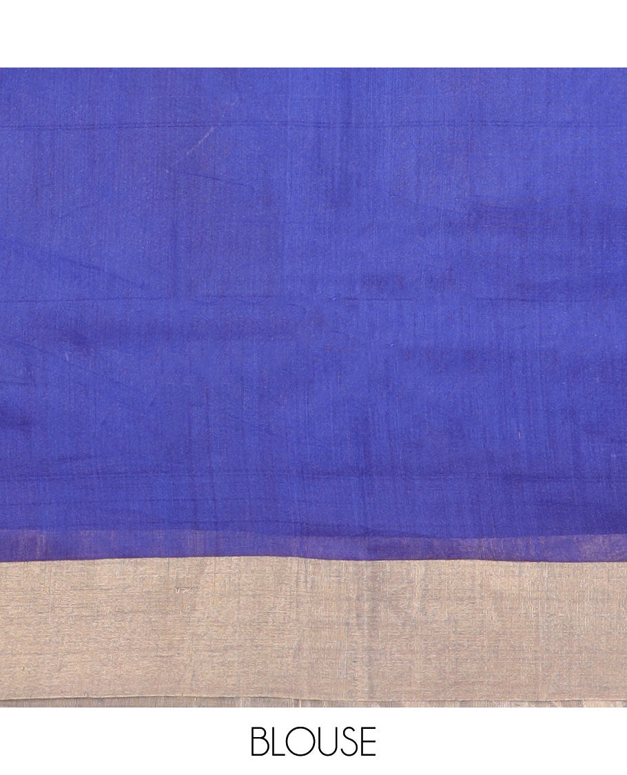Blue floral motifs chanderi cotton saree with self zari border & striped, floral design pallu