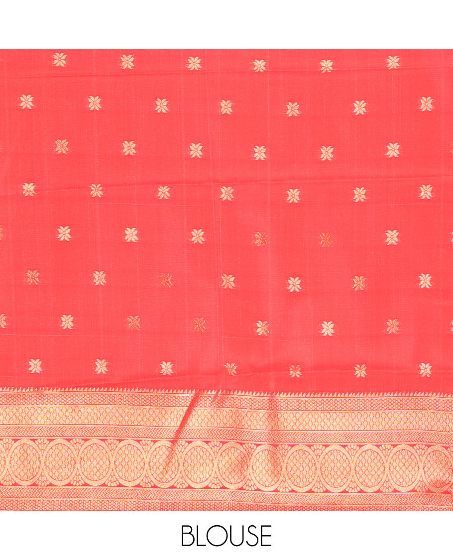 Yellow Litchi Saree, Enriched with Zari Buttas and Checks, Complemented by a Contrast Traditional Zari Border, Paisley Pallu, and a Contrast Blouse