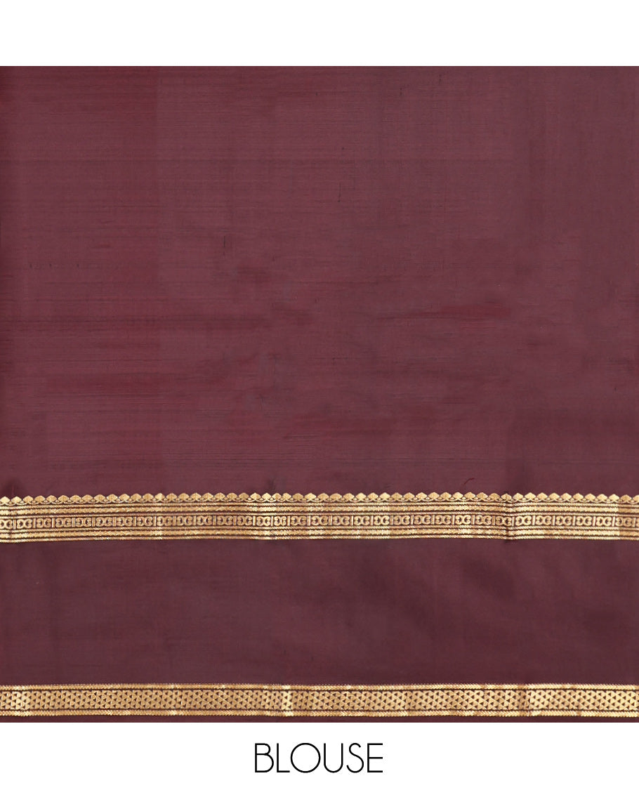 Red Vasundhara Silk Saree, Elevated with Zari Buttas, Contrast Border of Thilakam Mokku, Neli, Kathir, Ara Maadam, Yaanai, and Kili Designs, Grand Pallu, and a Contrast Blouse