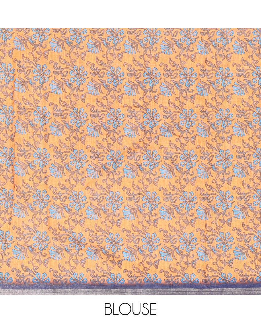 Navy blue shibori printed linen cotton saree, piping border, contrast floral printed pallu, and a contrast floral printed blouse