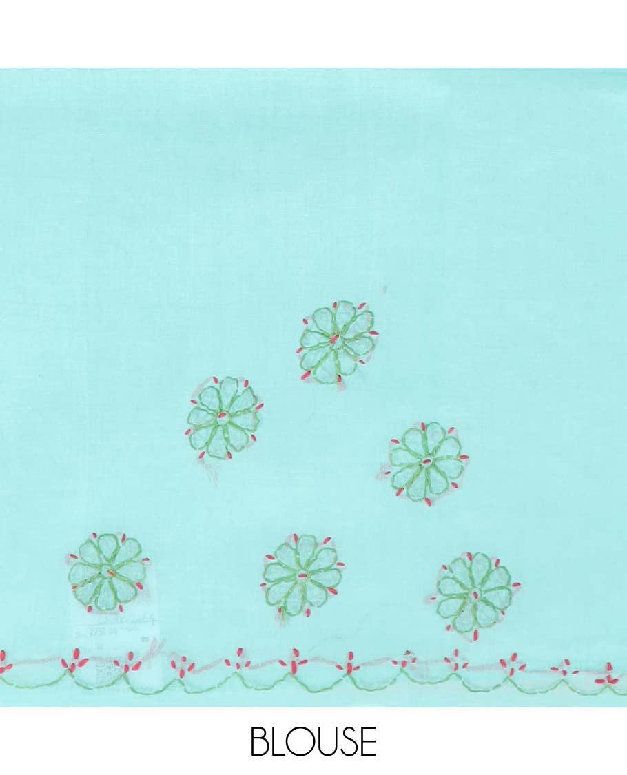 Turquoise floral thread embroidery chikankari cotton saree with self embroidery border with paisley embroidery pallu