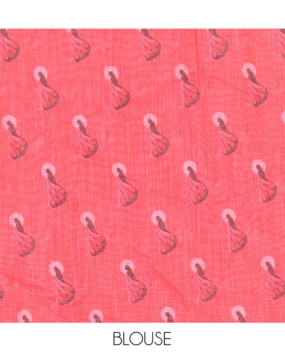 Light Brown Linen Cotton Saree, Adorned with Butterfly Woman Print, a Piping Border, a Contrast Blouse